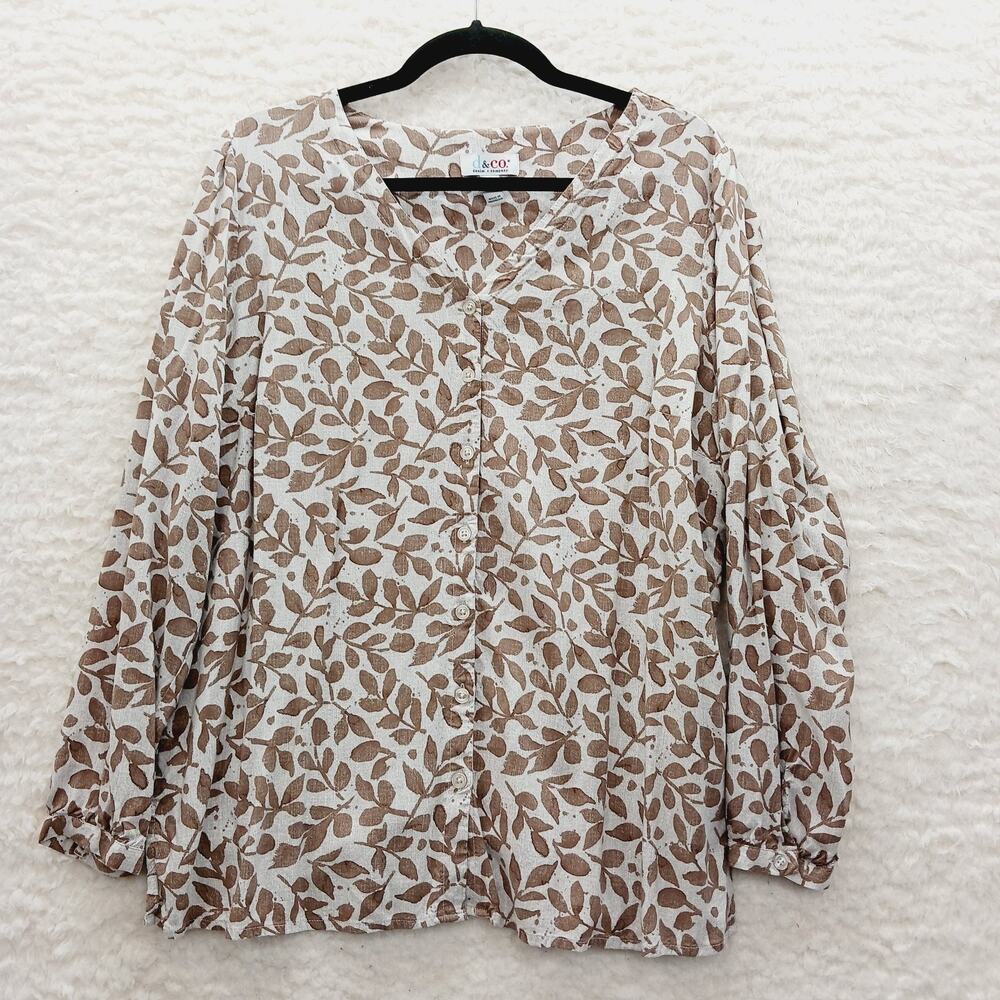 Blouse Leaf Button-Up Brown Casual Office Chic Minimalist Cottagecore Size PL